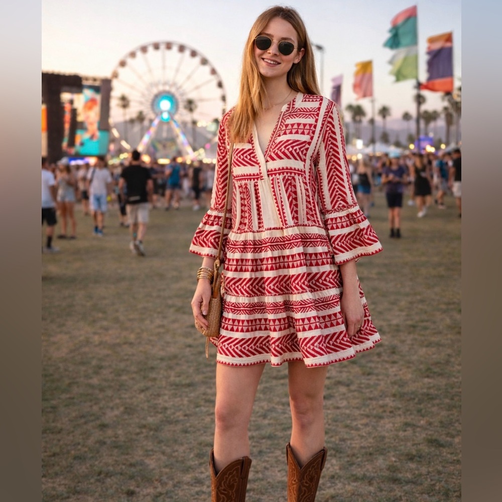 Anthropologie Devotion Twins Red Mini Dress 100% Cotton Bohemian Festival S